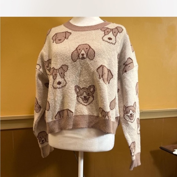Debut brown and cream knit sweater with a dog pattern motif  Crew neck szM - Picture 2 of 7